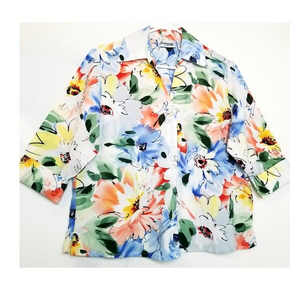 VTG Floral Blouse Joanna Petite Button Up Shirt Women's Medium 3/4 Sleeve - Picture 1 of 9